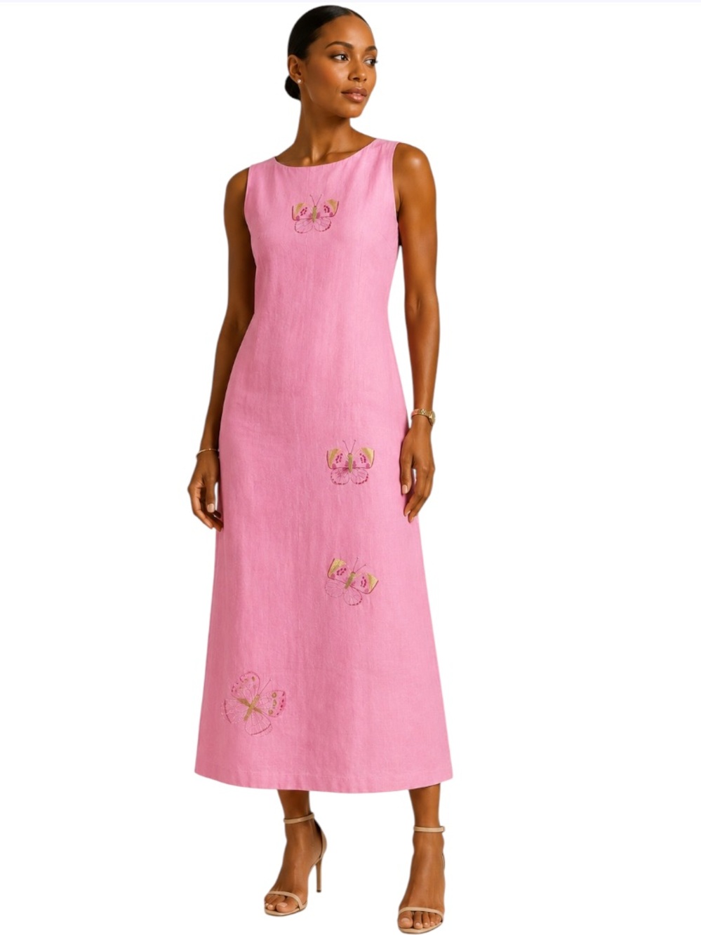 A.K.C. Linen Blend Butterfly Embroidered Maxi Dress Size L Pink Coastal Office